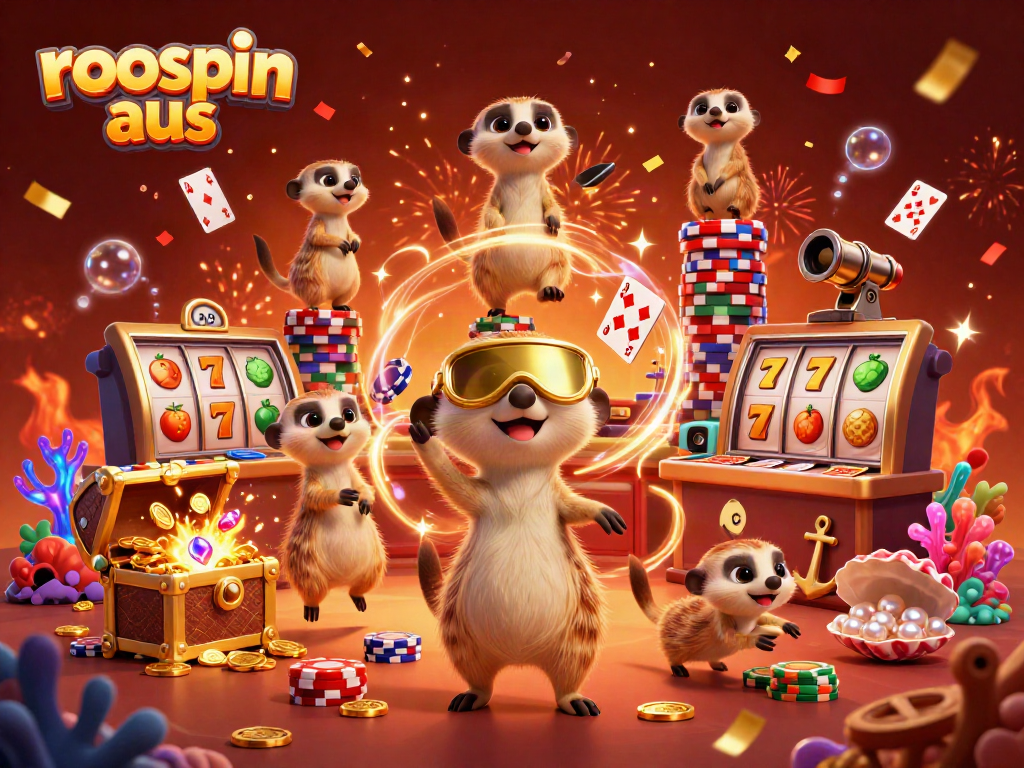 Experience the vibrant energy of roospin aus with cartoon meerkats and casino elements in an exciting 3D scene.
