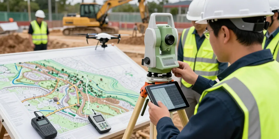 Topographical surveys Sussex at a construction site with surveyor using advanced equipment.