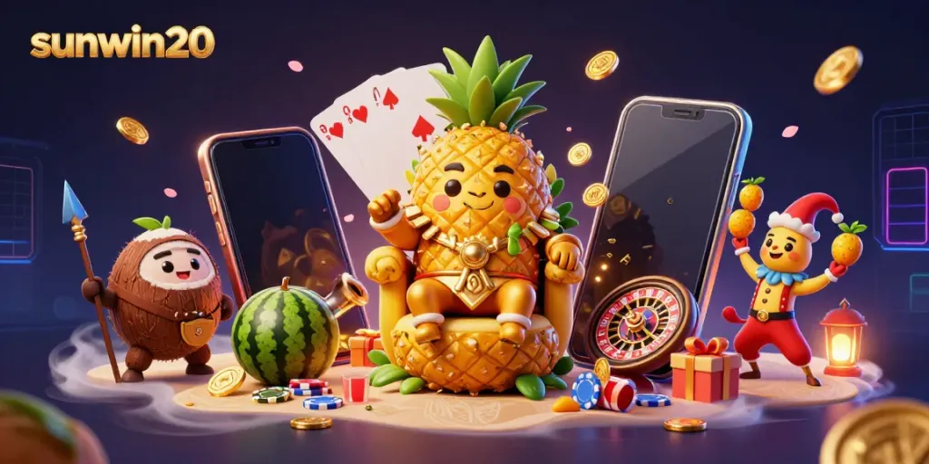 Experience the rich and vibrant world of sunwin20 with a golden pineapple king and casino elements all around.