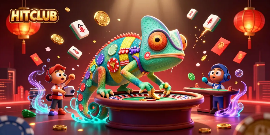 Engage with HITCLUB’s vibrant gambling scene featuring colorful 3D chameleon owner and dynamic casino elements.