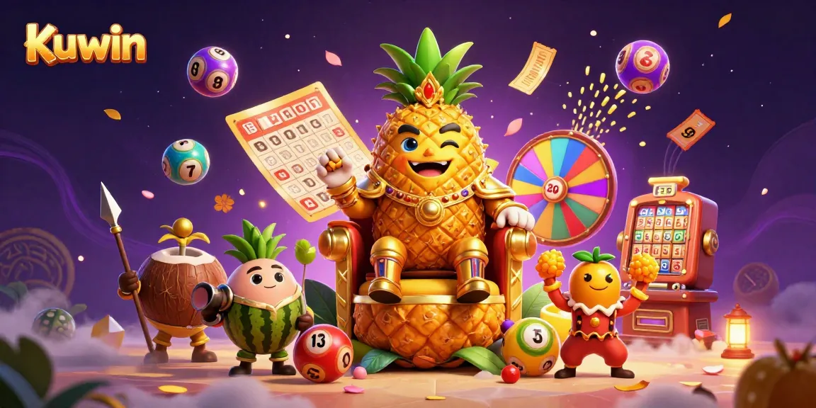 Kuwin offers a vibrant casino experience with a golden pineapple king and lively game elements.