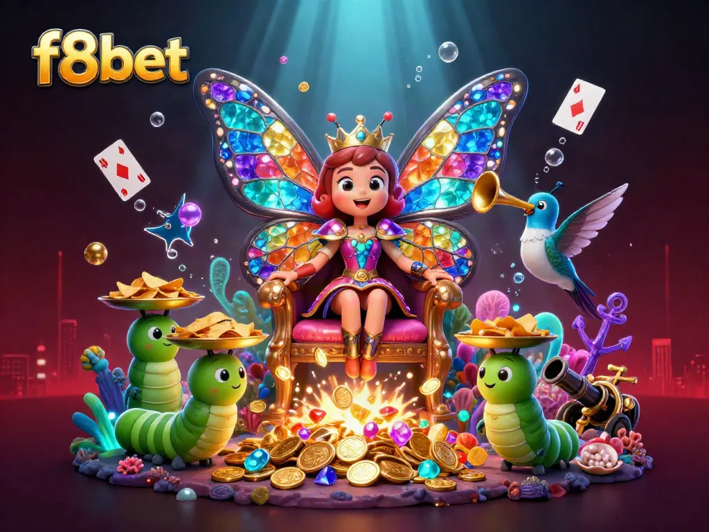 Experience the excitement of f8bet with a vibrant casino illustration featuring a butterfly queen and game elements.