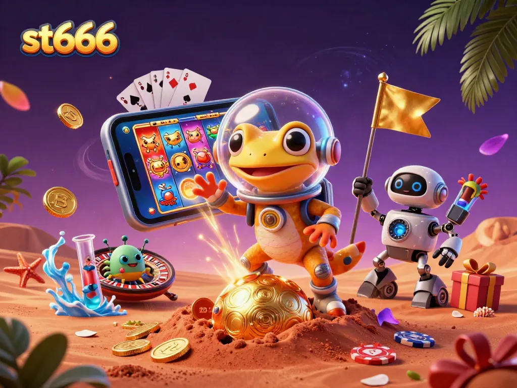 Engage with st666 as a Martian gecko explores a golden casino in space, surrounded by vibrant gambling elements.