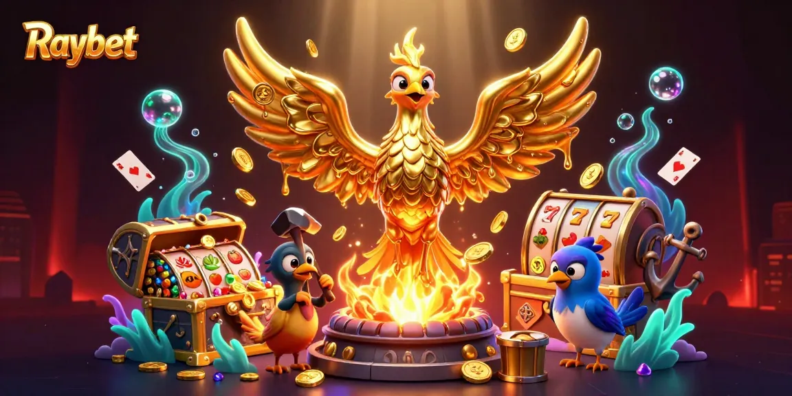 Raybet showcases a golden phoenix and metal-themed elements in a vibrant casino scene.