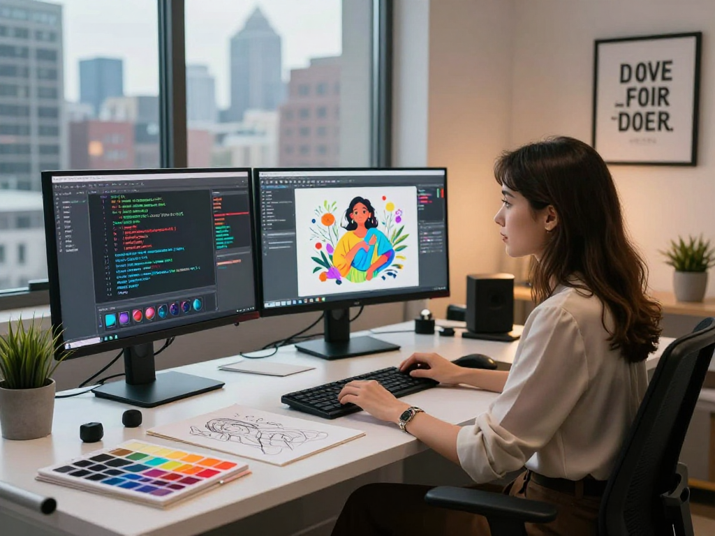 A female animator working on innovative nsfw ai designs in a contemporary studio with multiple screens showcasing vibrant digital art.