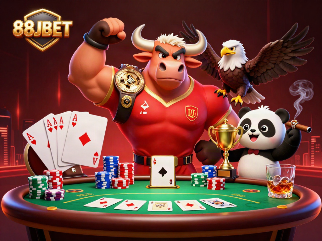 Join the celebration at 88JBET with a bull mascot, eagle champion, and trophy panda!