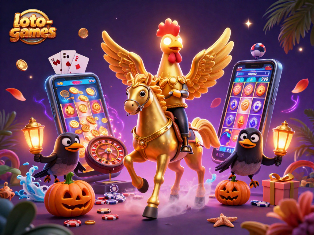 Loto-games players enjoy vibrant casino action with a golden rooster and dynamic slot game elements