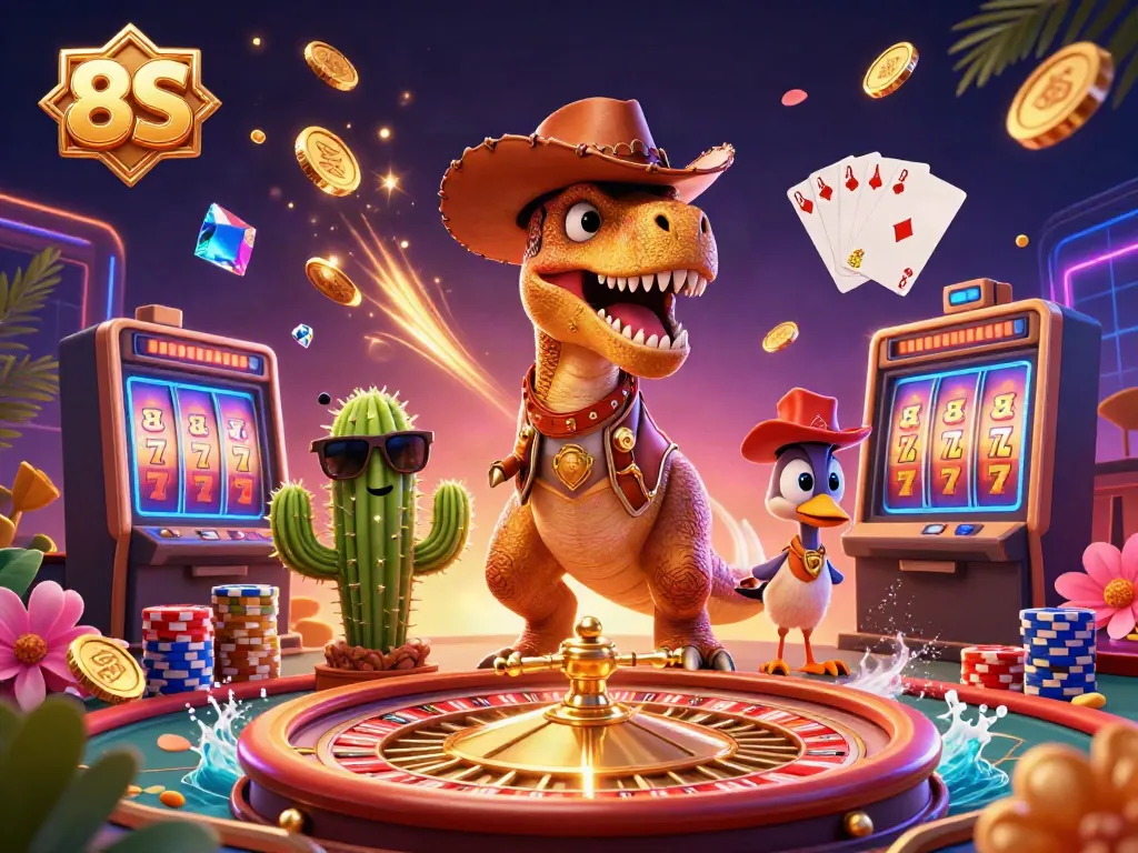 Experience thrilling gameplay at 8S with a vibrant casino illustration featuring slot reels and dynamic characters.