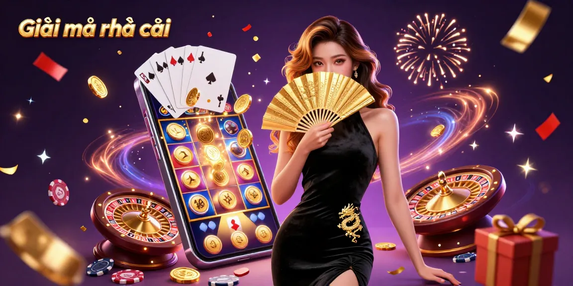 Engage with "Giãi mã nhà cái" through a captivating 3D casino illustration showcasing vibrant gaming elements.