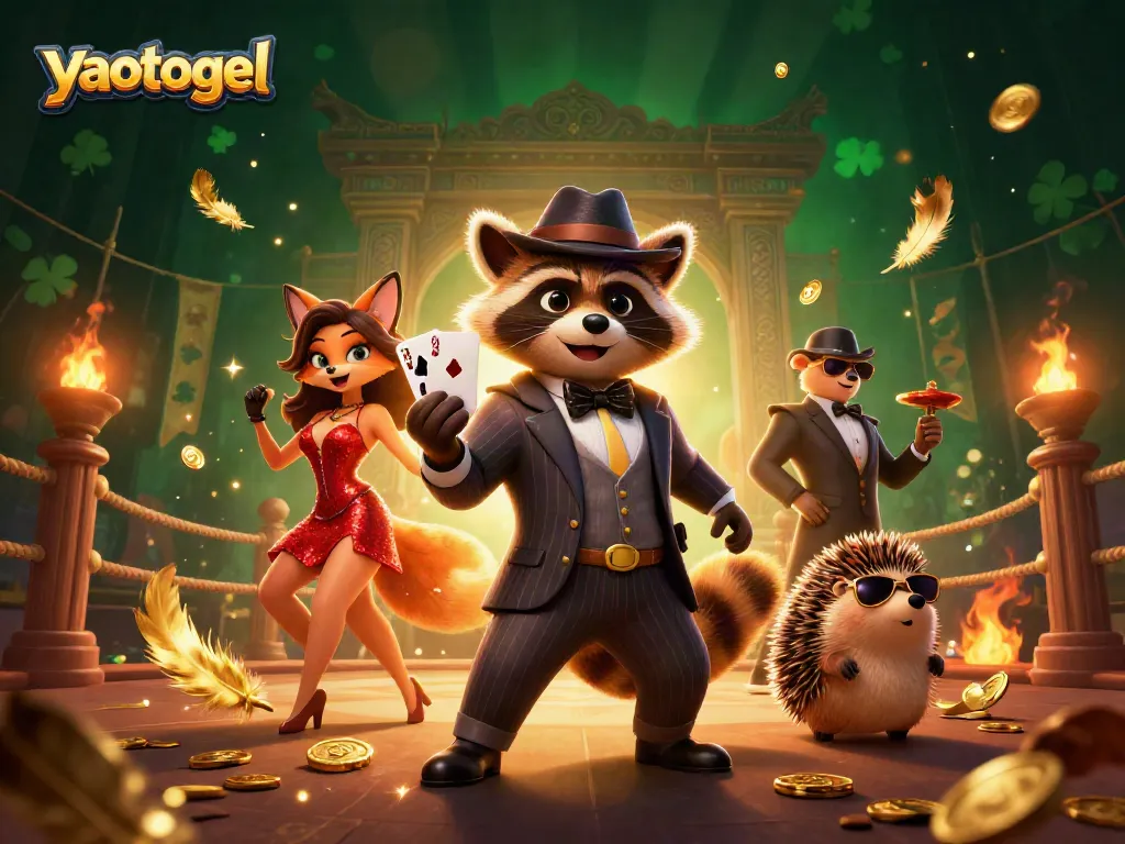 Play exciting games at yaotogel with a dynamic scene of cartoon characters and rich casino elements.