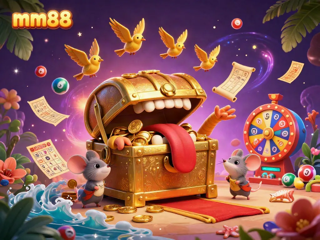 Engage in thrilling lottery excitement with mm88, featuring a treasure chest teeming with riches and colorful bouncing lottery balls.