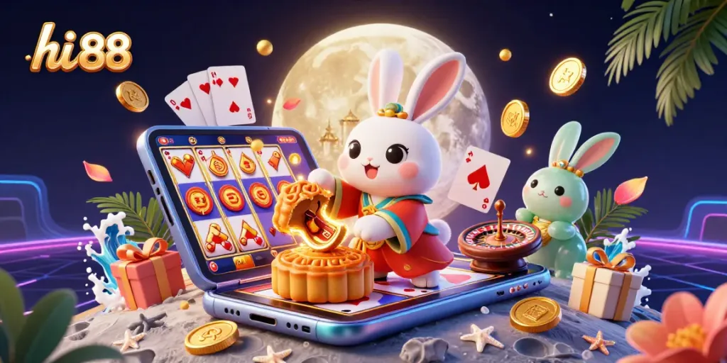 Experience the excitement of hi 88 with stunning 3D illustration featuring a moon rabbit and casino elements.