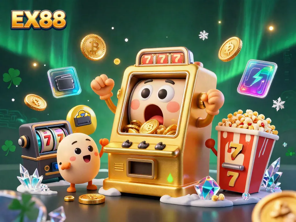 Celebrate jackpots at EX88 with a golden slot machine overflowing with coins in a dazzling casino scene.