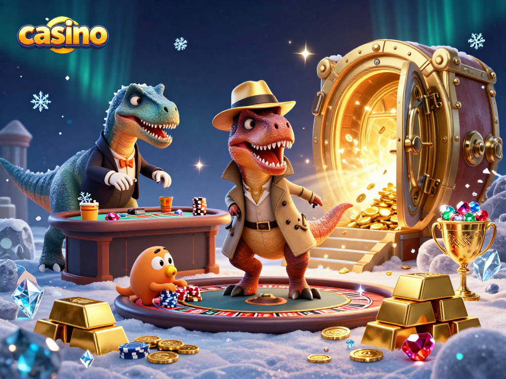 Casino scene featuring a velociraptor, stegosaurus pit boss, and compy pickpocket amidst gold treasures and roulette
