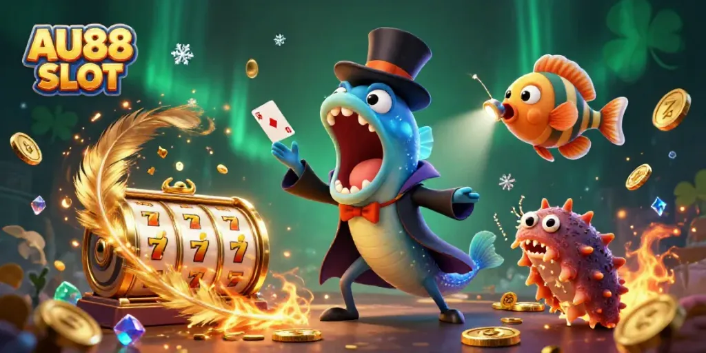 Engage in thrilling AU88 SLOT adventures with bioluminescent characters amidst spinning reels and fortune.