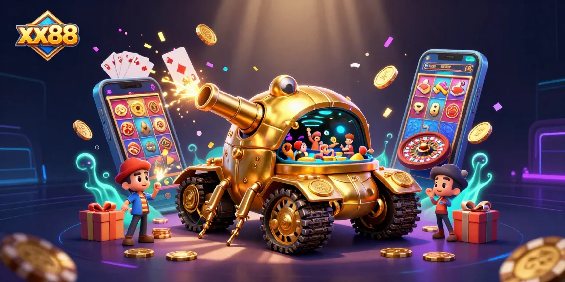 Experience thrilling moments at xx88 with a golden beetle tank revealing a miniature casino inside.