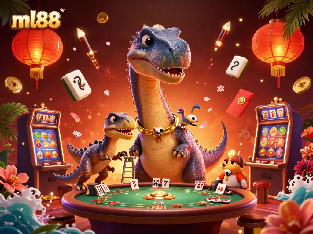 Experience exciting gaming with ml88 as a brontosaurus and raptor delight players at a vibrant casino table.