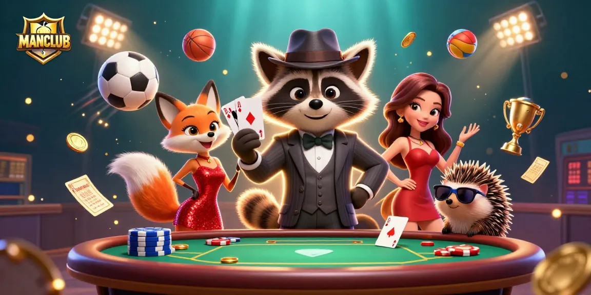 Experience the thrill of poker at MANCLUB with a raccoon holding a royal flush and lively game elements.