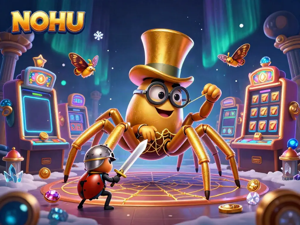 Engage with NOHU's vibrant casino game scene showcasing a golden tarantula spinning a jackpot web.