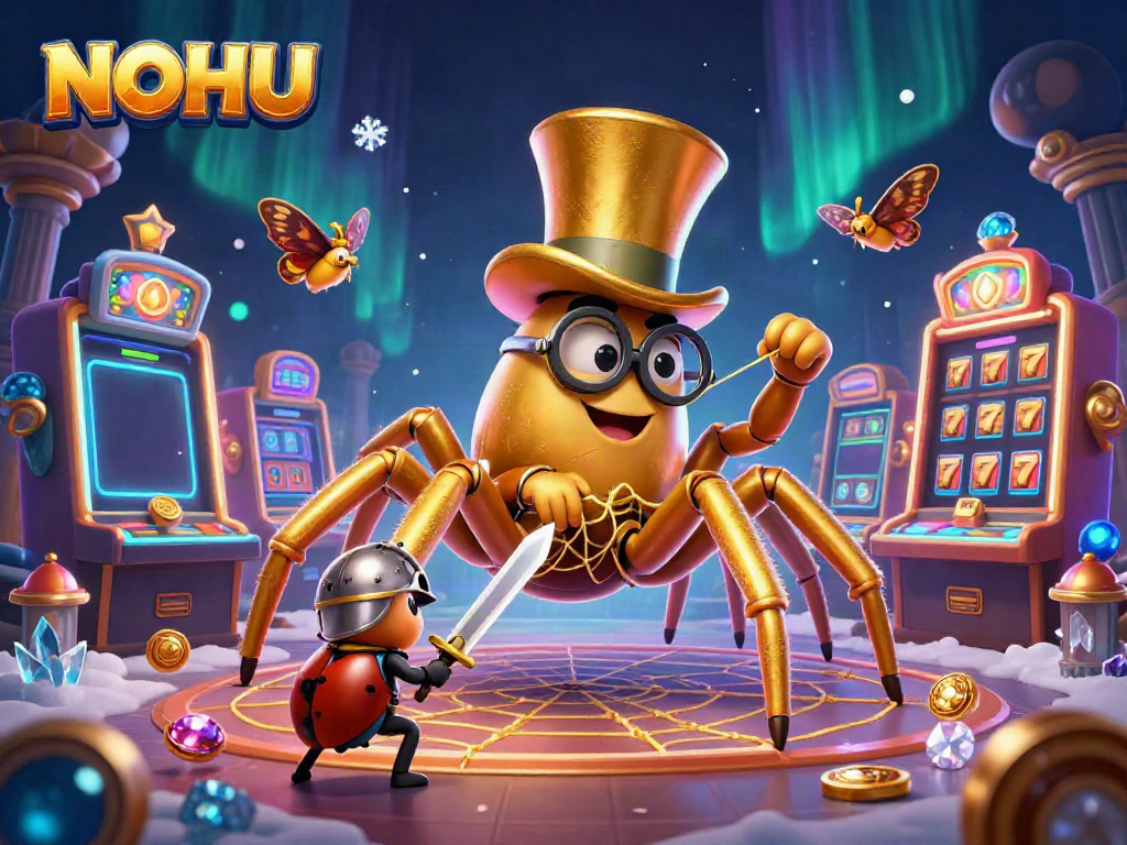 Engage with NOHU's vibrant casino game scene showcasing a golden tarantula spinning a jackpot web.
