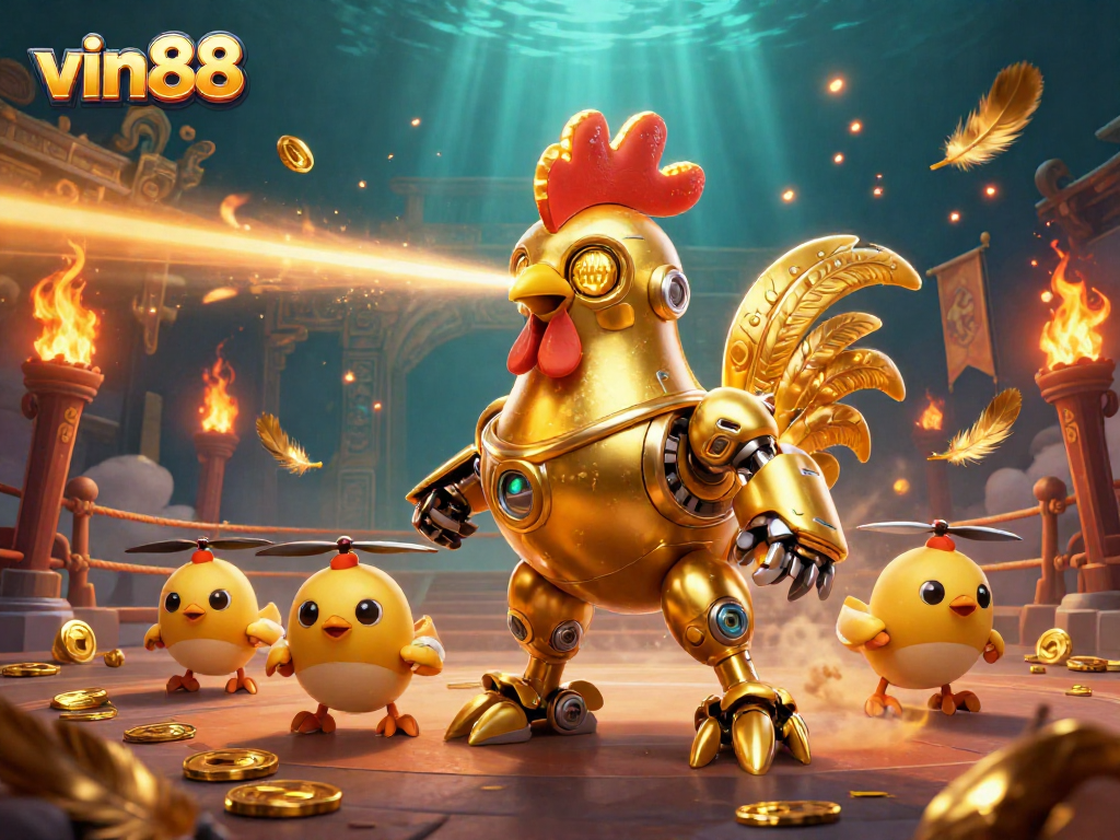 Engage with vin88's exciting gaming universe featuring a golden rooster robot and bet tokens.