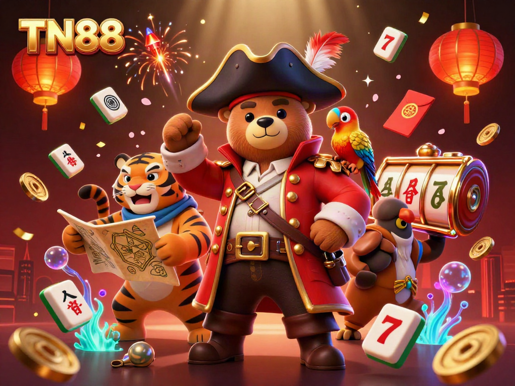 TN88 casino scene with a pirate bear, tiger, and parrot surrounded by slot elements and festive decorations