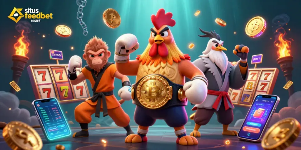 Join the excitement at situs feedbet resmi with vibrant slot reels and crypto elements in a dynamic scene.