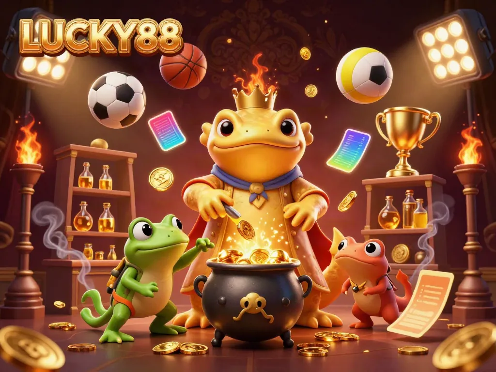 Experience the thrilling world of LUCKY88 with this vibrant illustration of a golden salamander alchemist and sports dynamism.