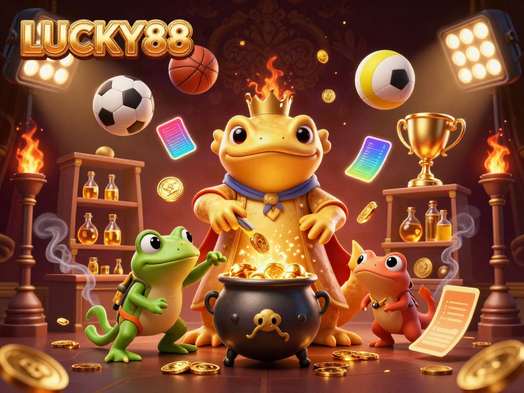 Experience the thrilling world of LUCKY88 with this vibrant illustration of a golden salamander alchemist and sports dynamism.