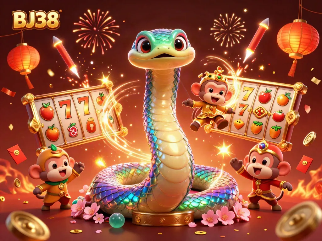 Experience thrilling gameplay with BJ38's captivating casino scene featuring vibrant characters and dynamic slot elements.