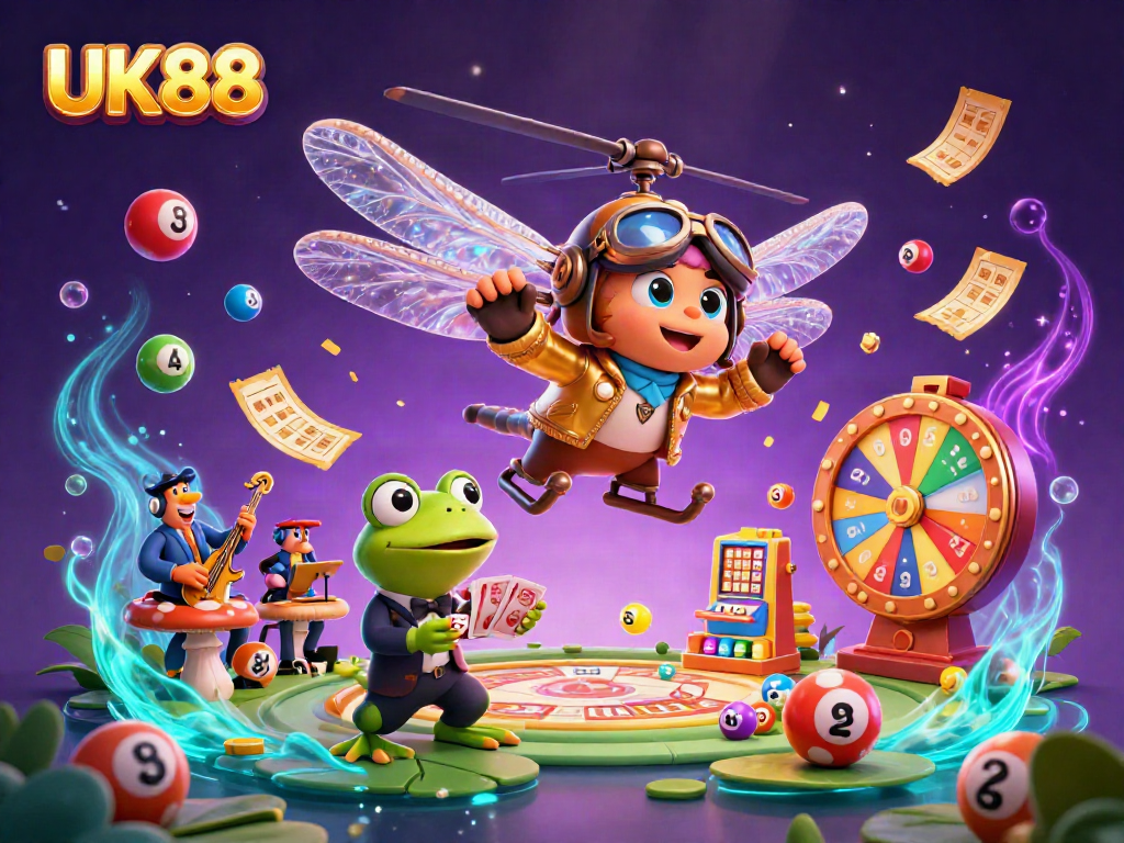 Experience dynamic gambling action with UK88, featuring lively characters and vibrant casino elements in a colorful scene.
