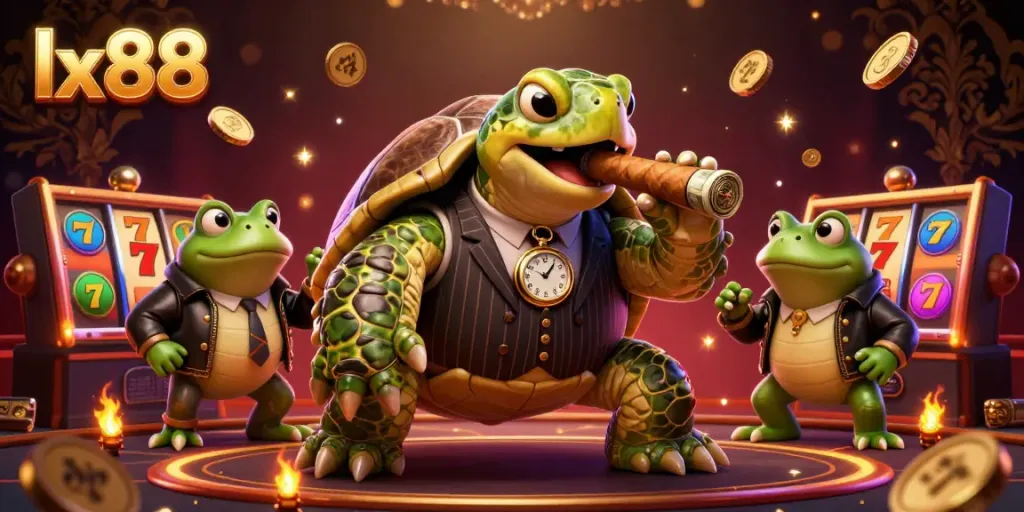 Experience the thrill of winning at lx88 with a vibrant casino scene featuring unique characters and detailed gaming elements.