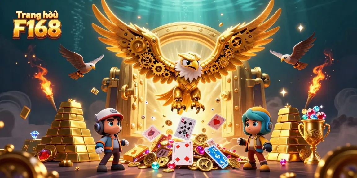 Engage with the thrilling world of Trang chủ F168 as the cybernetic eagle dives through holographic cards, surrounded by treasures.