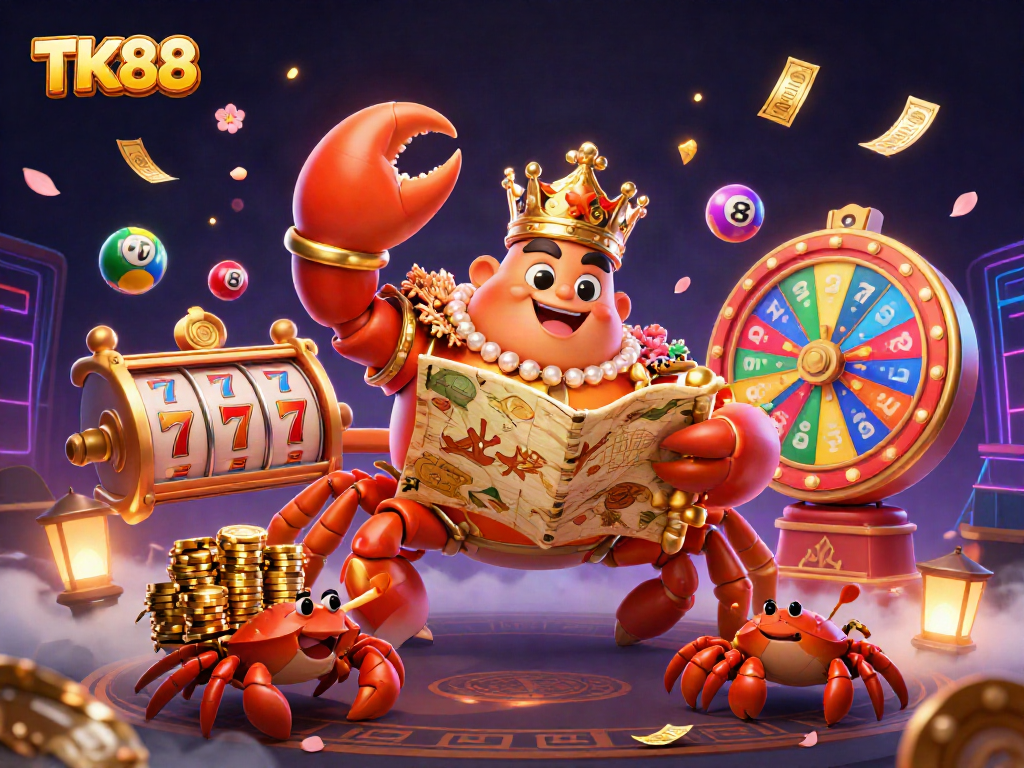 Experience the excitement of TK88 with a dynamic casino scene featuring a golden crab emperor amidst vibrant gaming elements.
