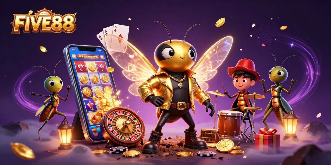 Experience winning thrills with FIVE88's vibrant 3D casino scene, filled with dynamic game elements.