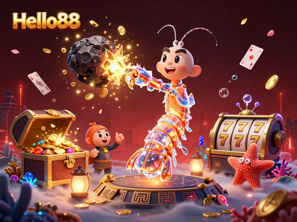 Engage in the exciting world of Hello88 with a vibrant casino scene featuring animated characters and scatter elements.