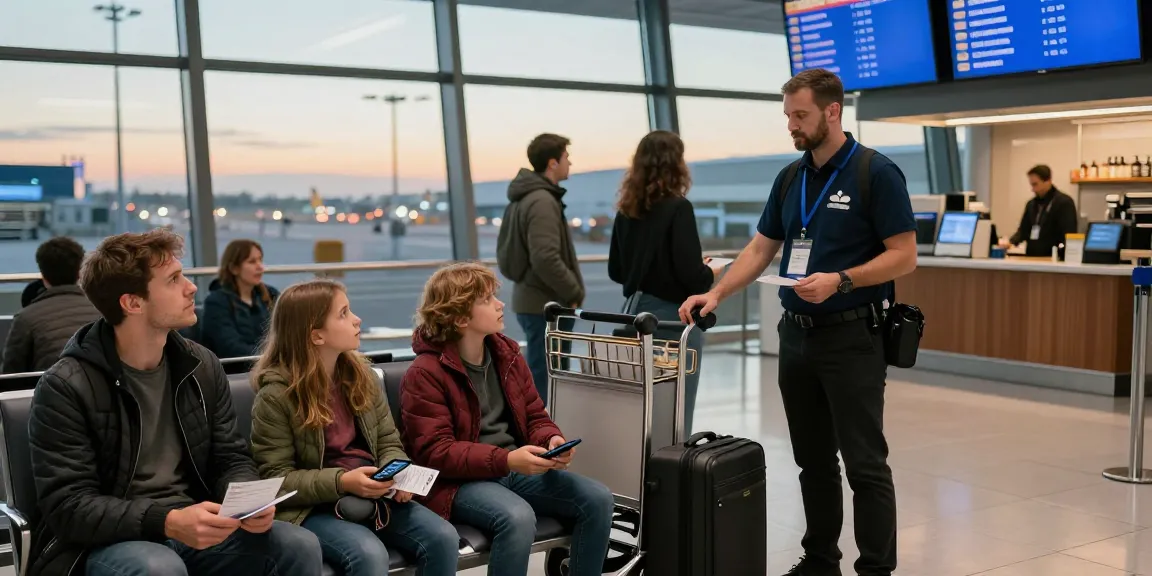 A family waits at a European airport, looking concerned while Valken guides them through the airport detention process.