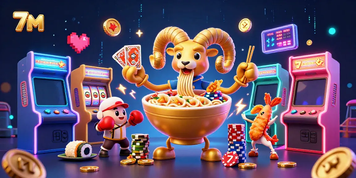 Engage with 7M live gaming experiences featuring a giant ramen bowl character, sports elements, and colorful arcade aesthetics.