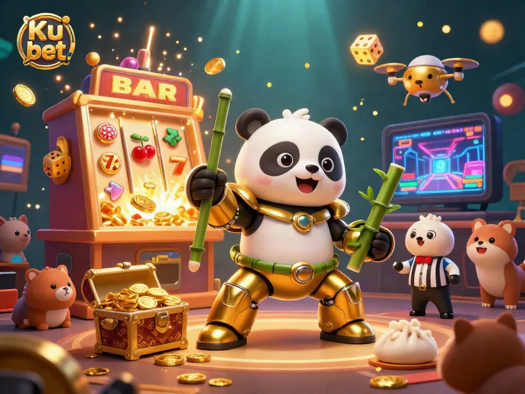 Engage in the Ku bet casino experience with a dynamic 3D scene of colorful slot machines and lively characters.