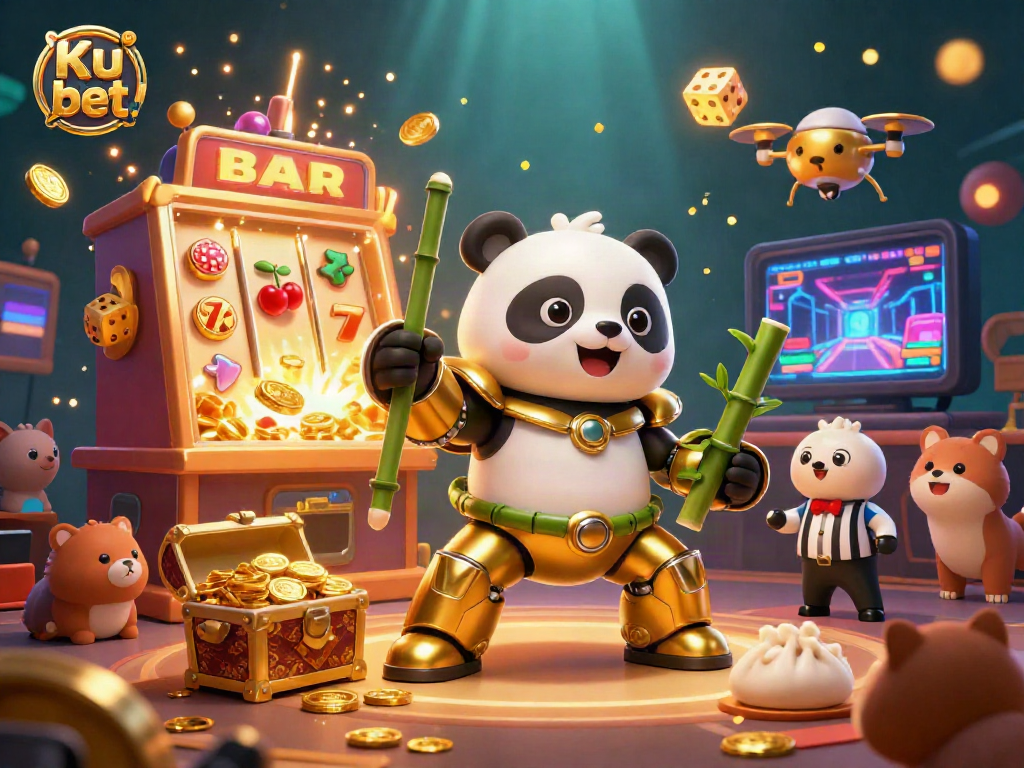 Engage in the Ku bet casino experience with a dynamic 3D scene of colorful slot machines and lively characters.