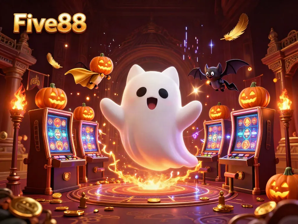 Engage in thrilling gameplay at Five88, featuring a glowing ghost cat and vibrant casino elements.