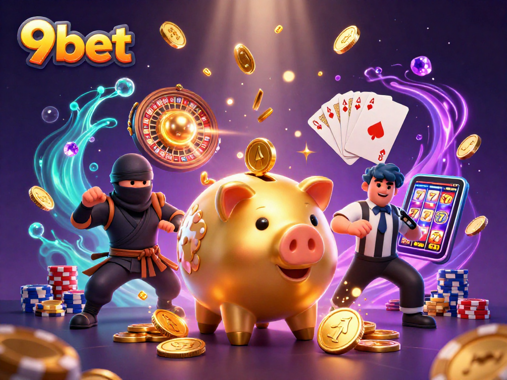 Engage in exciting gameplay with 9bet at a vibrant casino, featuring lively characters and golden coins.