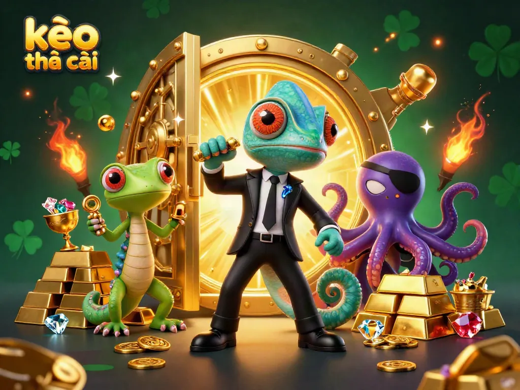 Experience kèo nhà cái dynamics with 3D cartoon heroes amidst golden treasures and gambling excitement.