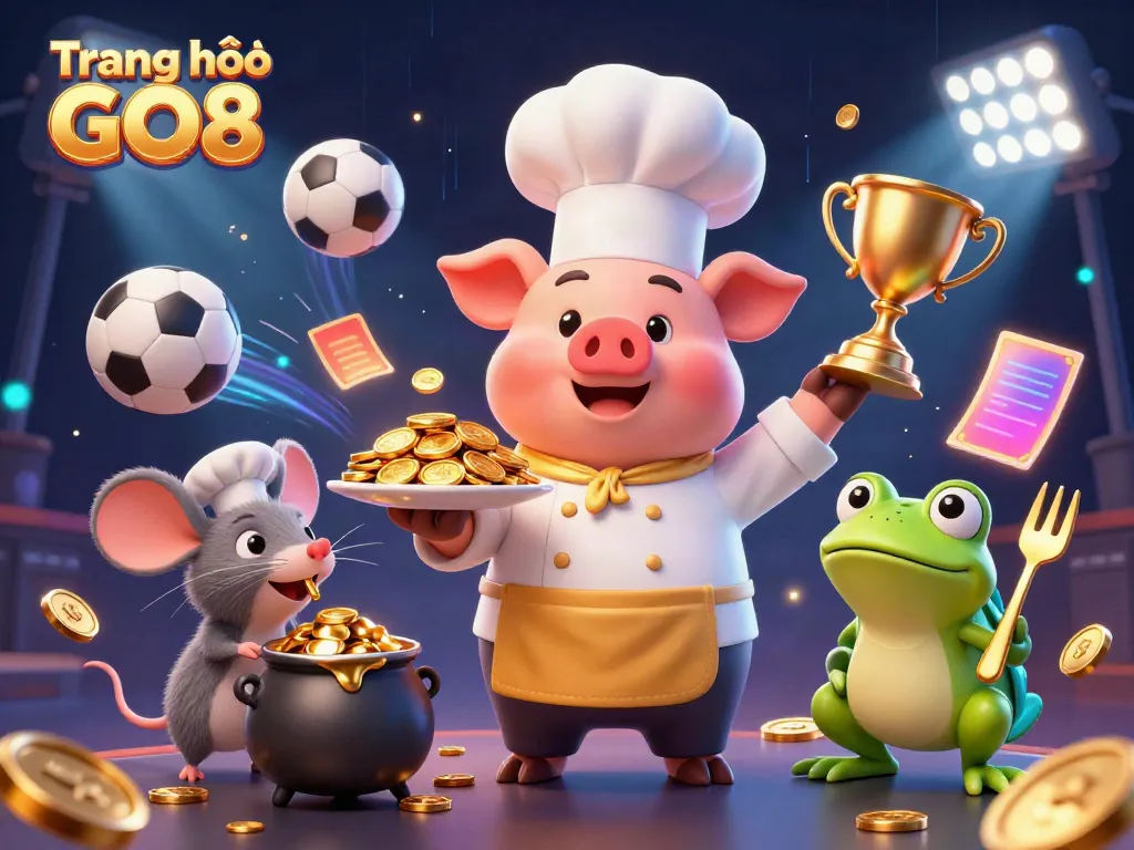 Join the fun at Trang chủ GO8 with a lively scene of a chef pig serving gold coins while sports elements surround him.