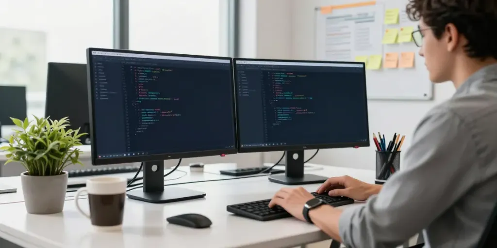 Developer using instant indexing techniques in a dynamic office environment.