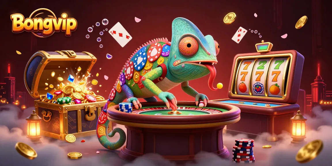 Bongvip casino scene with a colorful chameleon owner surrounded by gold coins and slot reels.