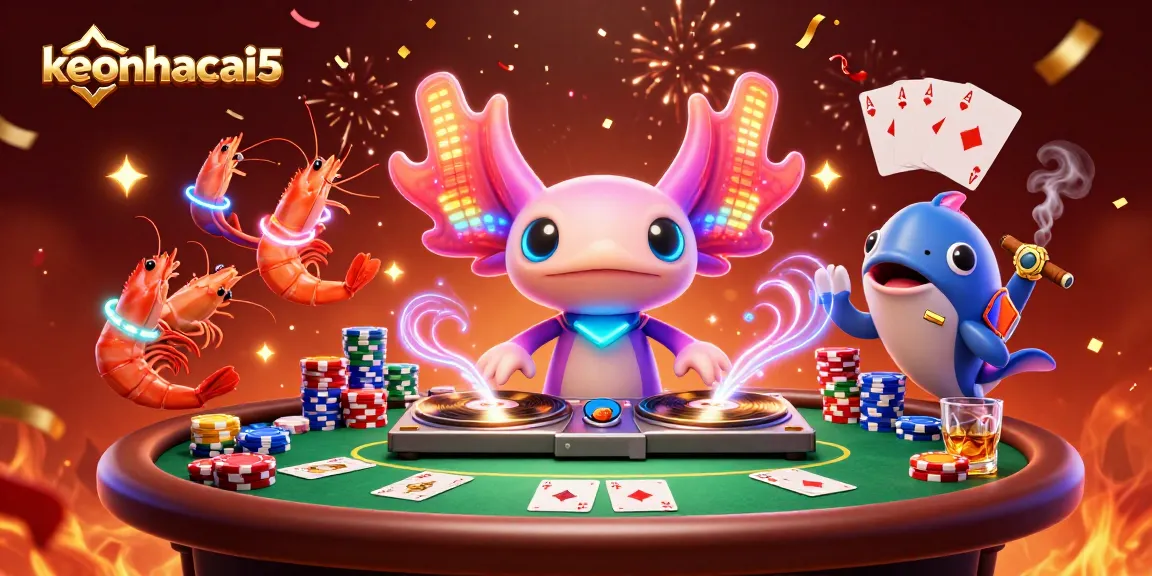 Engage with a lively keonhacai5 scene featuring an axolotl DJ and vibrant poker elements.