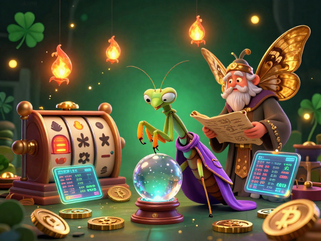 Engage with SKY88 at a mystical casino, witnessing a fortune teller and librarian among vibrant gambling elements.