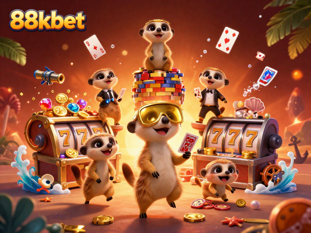 Engaging illustration of MeerKats managing the 88kbet casino, showcasing excitement in a lively scene.