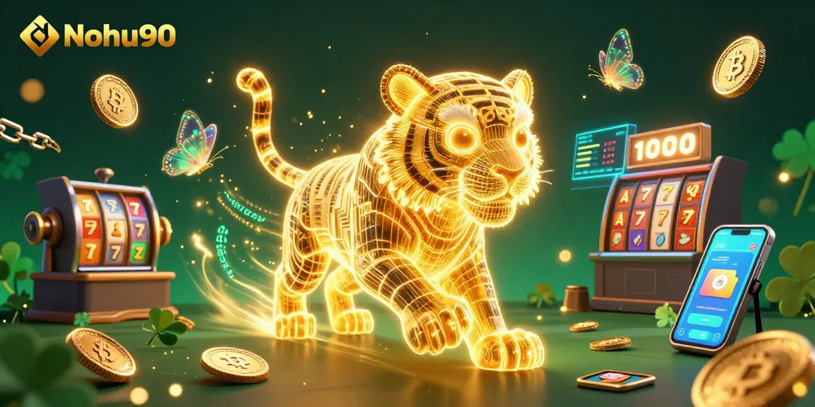 Nohu90 digital casino featuring a golden tiger amidst slot reels and crypto elements in a vibrant scene